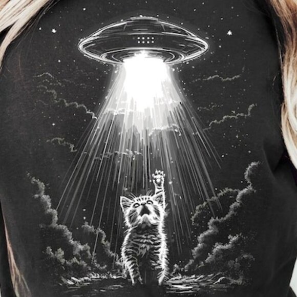 Alien Cat Shirt, Funny Space Kitty Graphic Tee - Picture 2 of 4